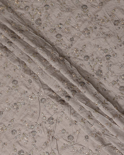 Taupe Grey Gold Floral Embroidered Voile 110cm