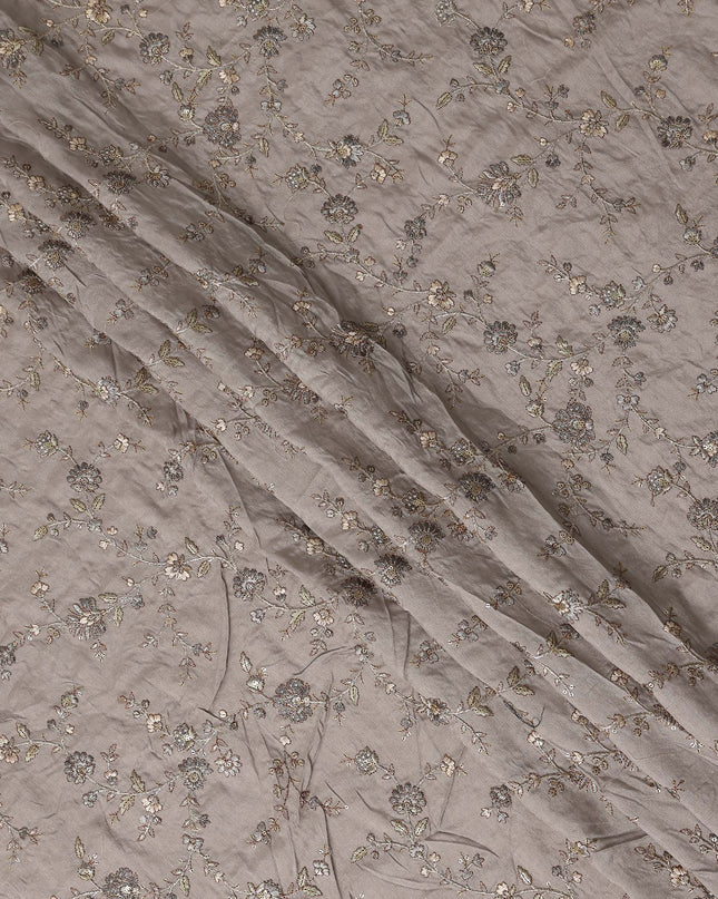 Taupe Grey Gold Floral Embroidered Voile 110cm