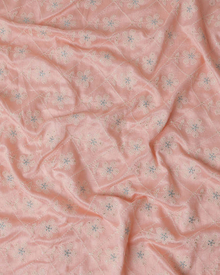 Salmon Pink Silver Floral Embroidered Voile 110cm