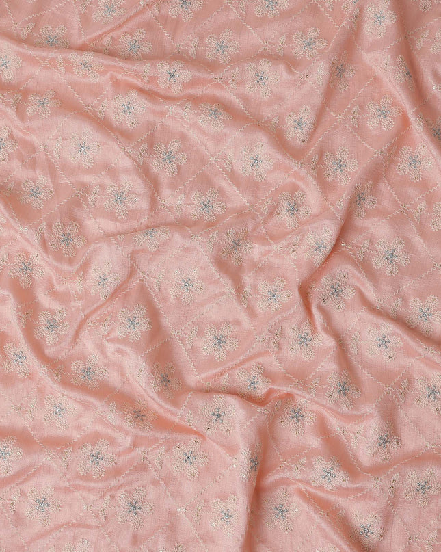 Salmon Pink Silver Floral Embroidered Voile 110cm