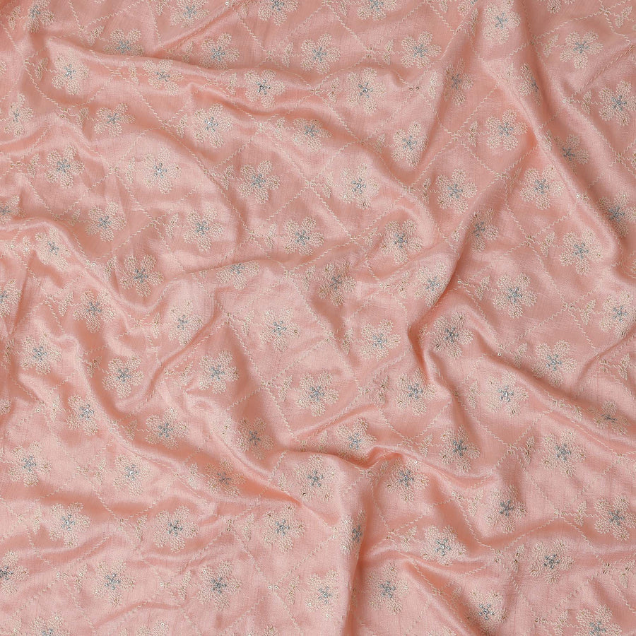 Salmon Pink Silver Floral Embroidered Voile 110cm
