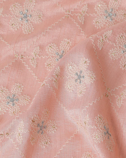 Salmon Pink Silver Floral Embroidered Voile 110cm