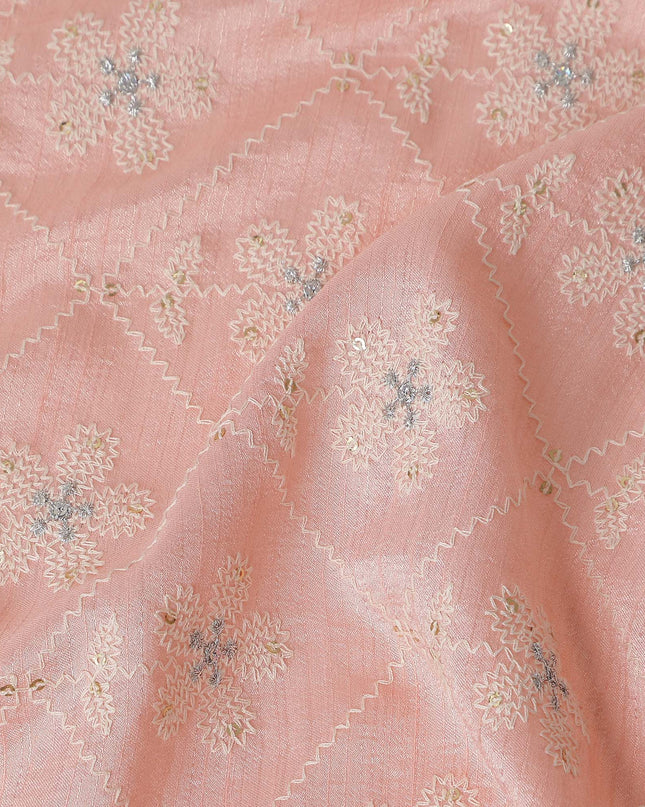 Salmon Pink Silver Floral Embroidered Voile 110cm