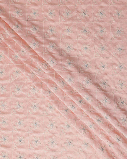 Salmon Pink Silver Floral Embroidered Voile 110cm