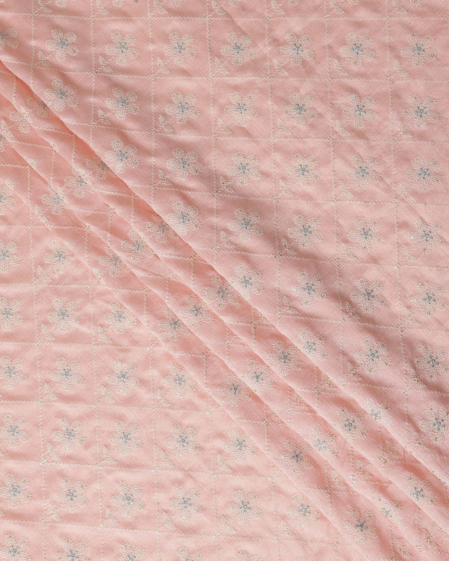 Salmon Pink Silver Floral Embroidered Voile 110cm