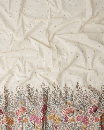 Ivory Floral Botanical Border Voile 140cm India