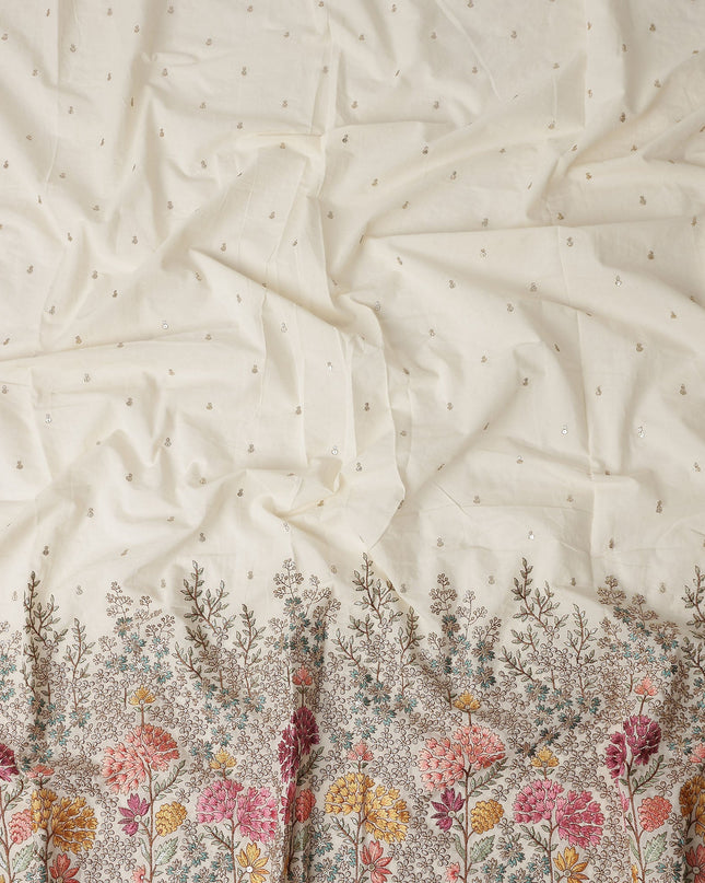 Ivory Floral Botanical Border Voile 140cm India