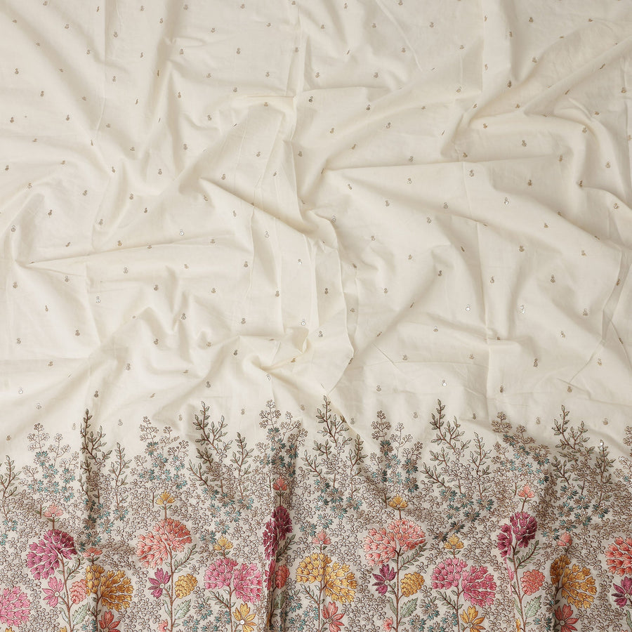 Ivory Floral Botanical Border Voile 140cm India