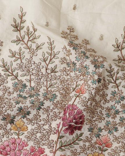 Ivory Floral Botanical Border Voile 140cm India