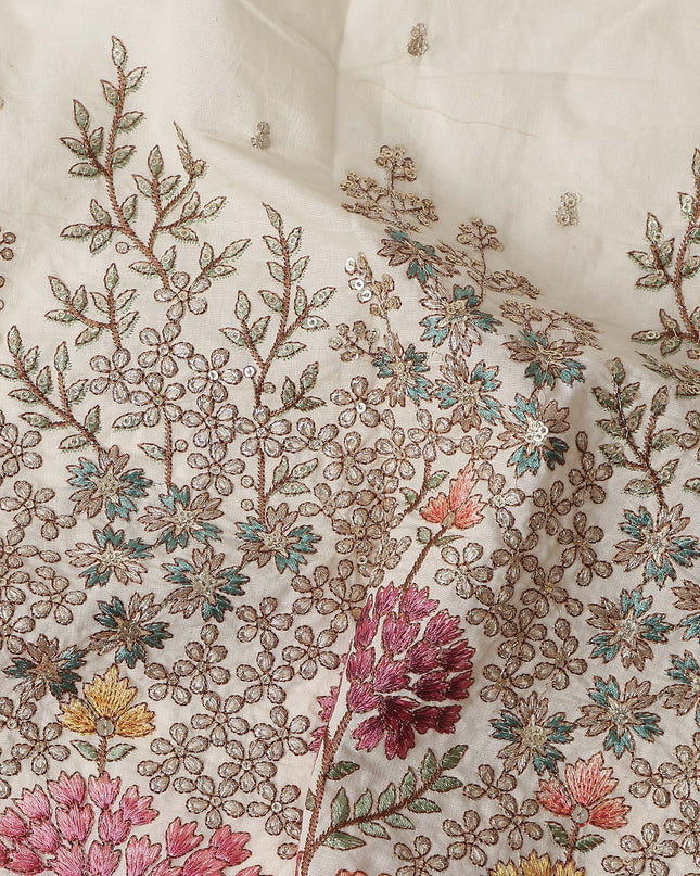 Ivory Floral Botanical Border Voile 140cm India