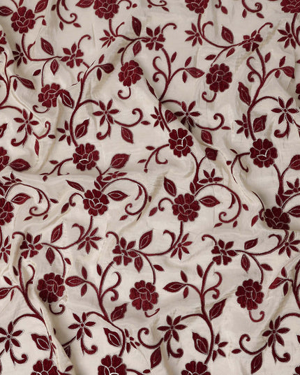 White Burgundy Floral Embroidered Cotton Voile 110cm