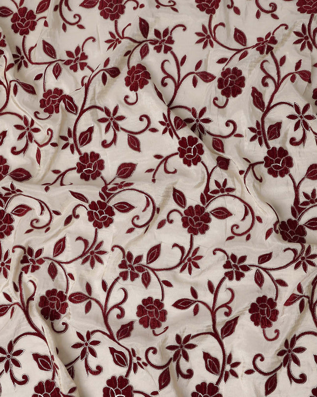 White Burgundy Floral Embroidered Cotton Voile 110cm