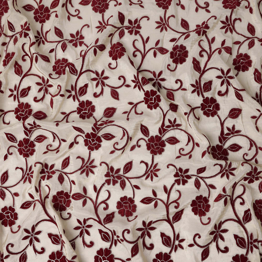 White Burgundy Floral Embroidered Cotton Voile 110cm