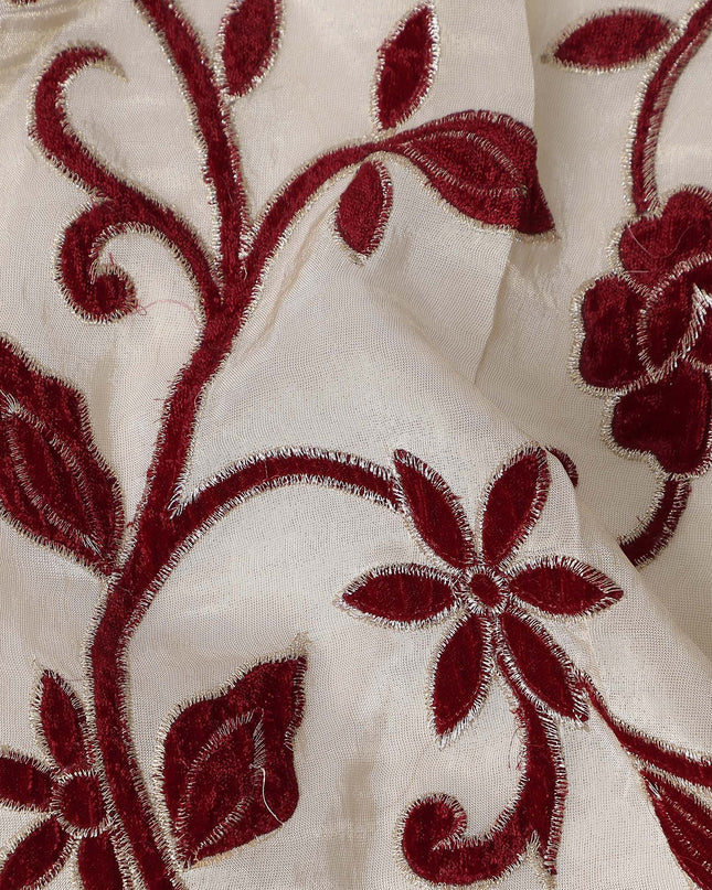 White Burgundy Floral Embroidered Cotton Voile 110cm