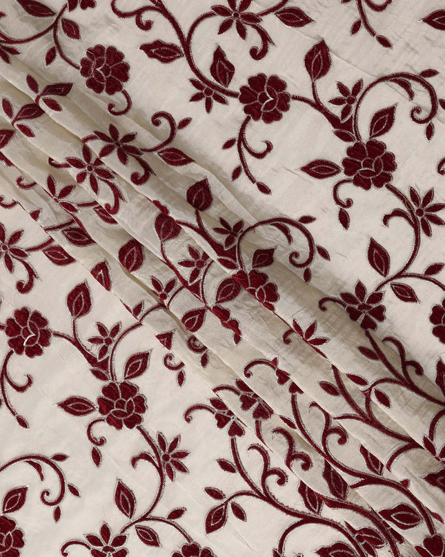 White Burgundy Floral Embroidered Cotton Voile 110cm