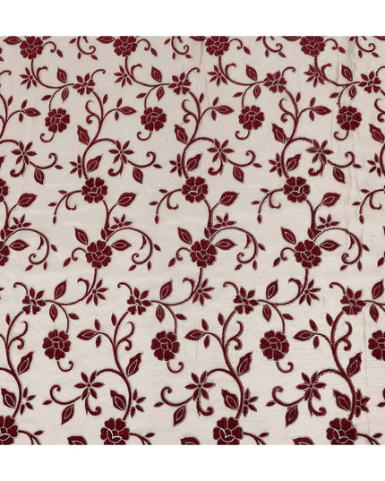 White Burgundy Floral Embroidered Cotton Voile 110cm