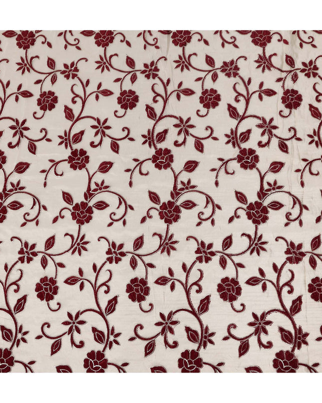 White Burgundy Floral Embroidered Cotton Voile 110cm