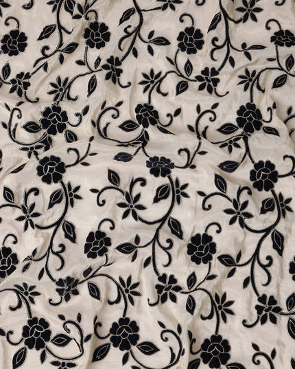 White Black Floral Embroidered Cotton Voile 110cm