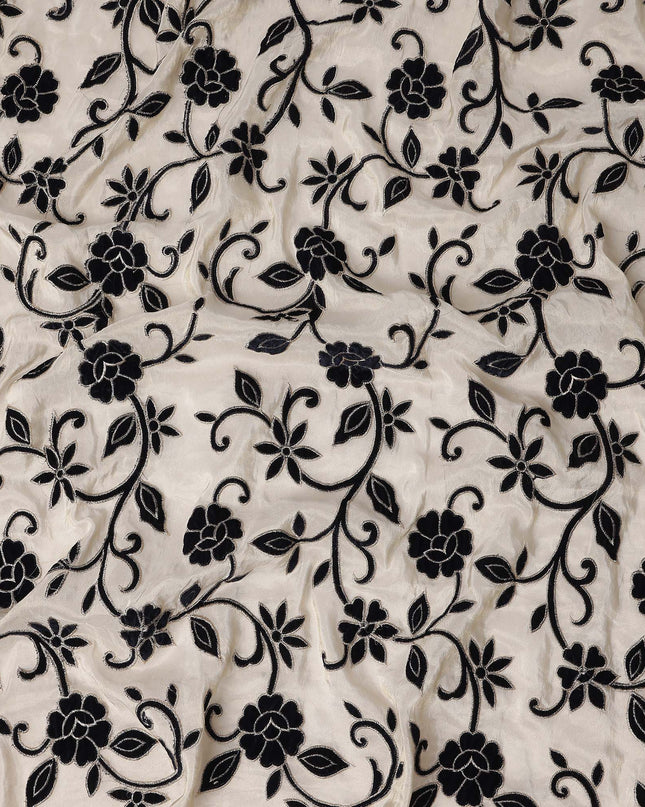 White Black Floral Embroidered Cotton Voile 110cm