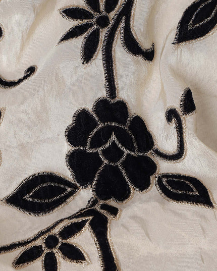 White Black Floral Embroidered Cotton Voile 110cm