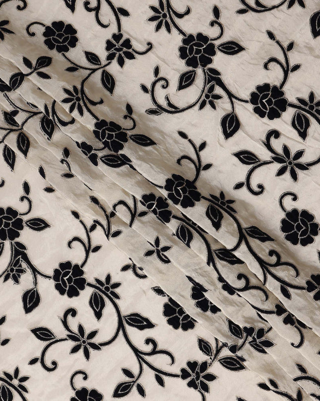 White Black Floral Embroidered Cotton Voile 110cm