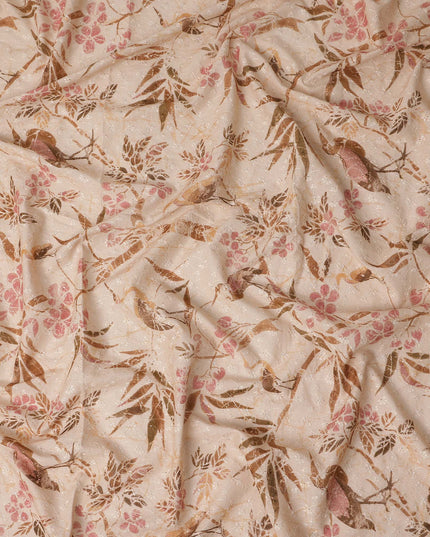 Peach Ivory Brown Botanical Embroidered Voile 110cm