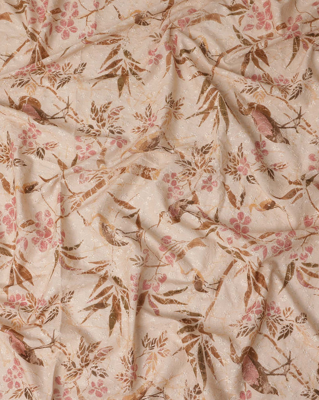 Peach Ivory Brown Botanical Embroidered Voile 110cm