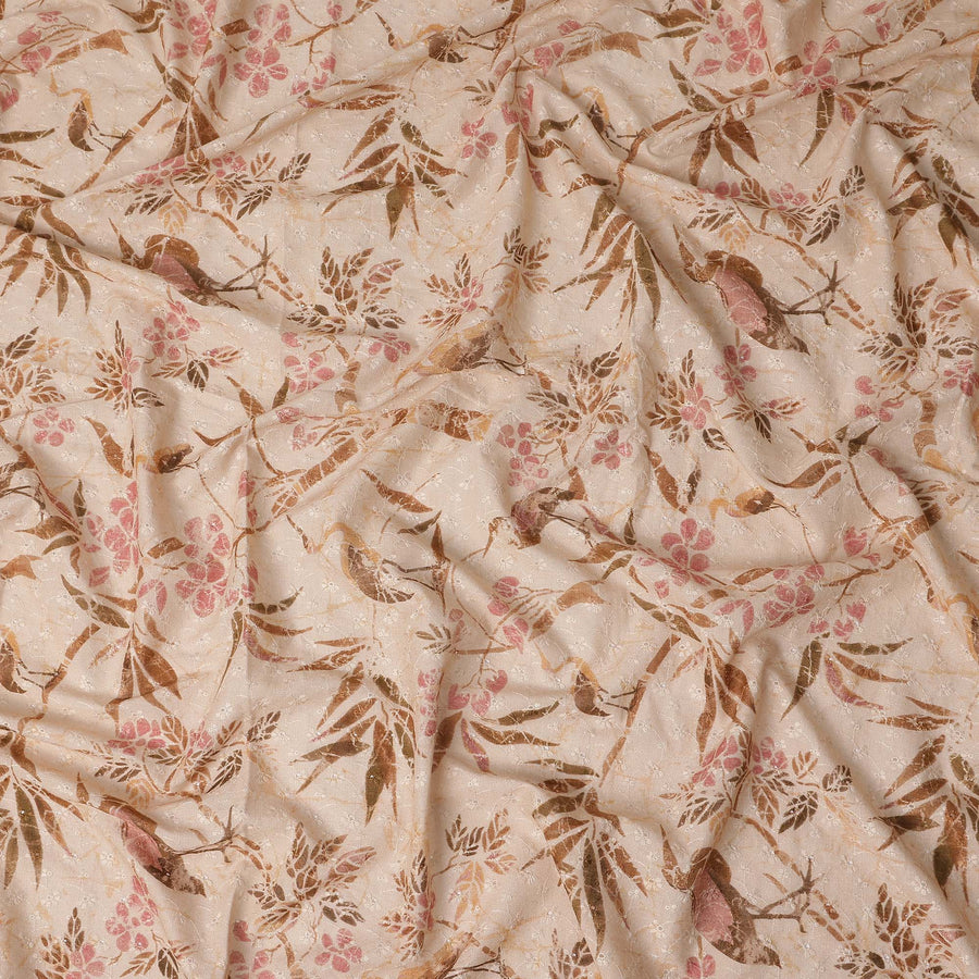 Peach Ivory Brown Botanical Embroidered Voile 110cm