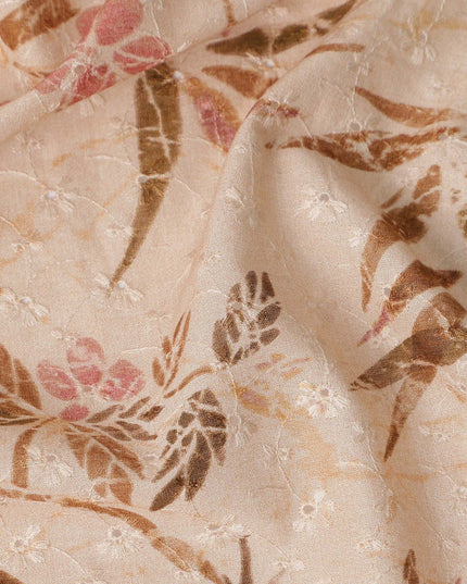 Peach Ivory Brown Botanical Embroidered Voile 110cm