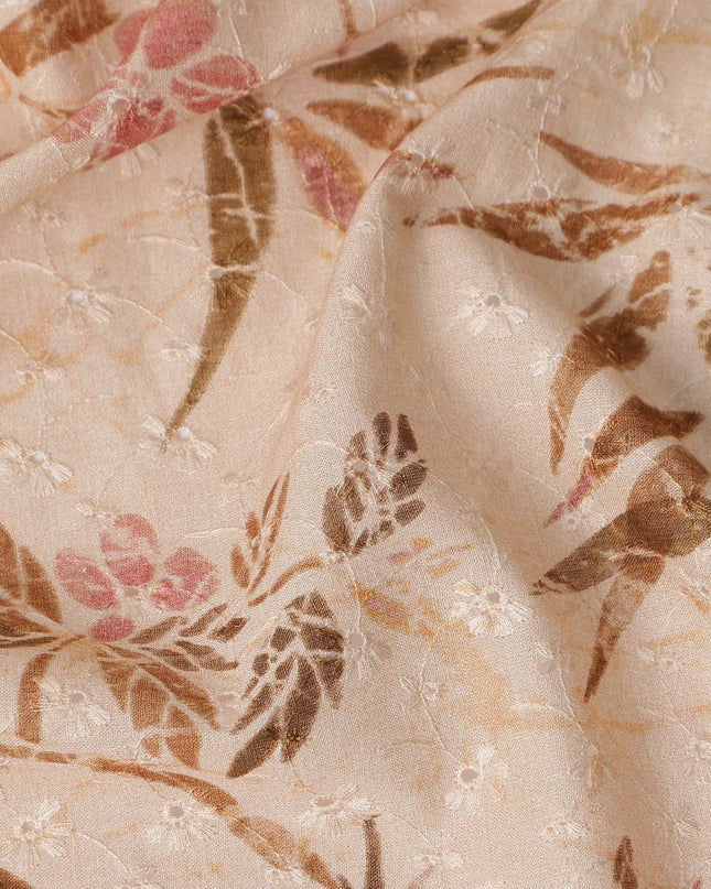 Peach Ivory Brown Botanical Embroidered Voile 110cm