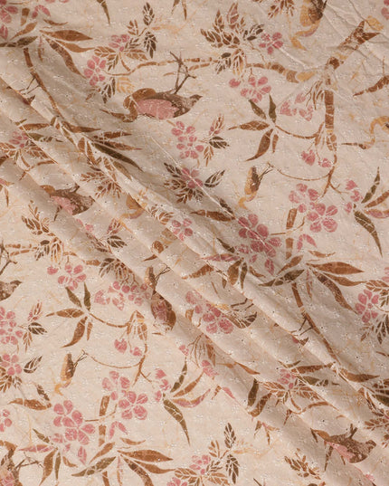 Peach Ivory Brown Botanical Embroidered Voile 110cm
