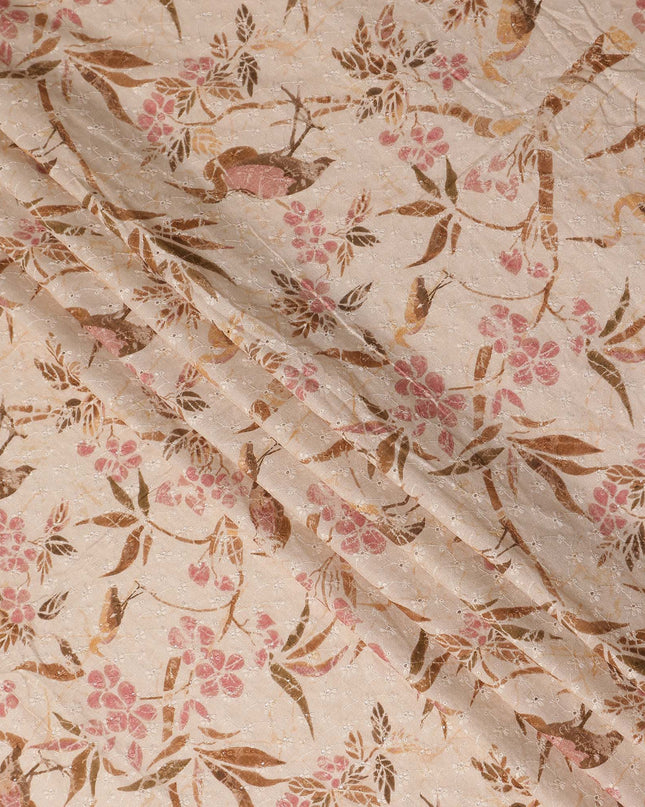 Peach Ivory Brown Botanical Embroidered Voile 110cm