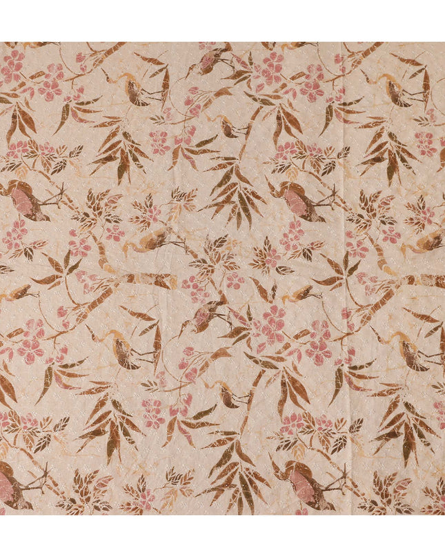 Peach Ivory Brown Botanical Embroidered Voile 110cm