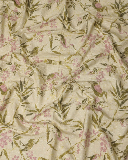 Beige Botanical Floral Embroidered Cotton Voile 110cm