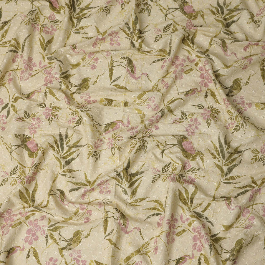Beige Botanical Floral Embroidered Cotton Voile 110cm
