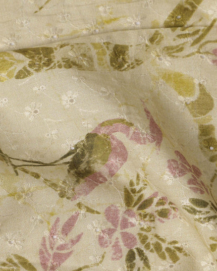 Beige Botanical Floral Embroidered Cotton Voile 110cm