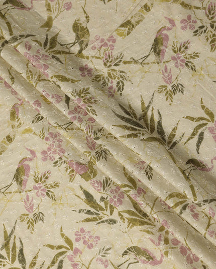 Beige Botanical Floral Embroidered Cotton Voile 110cm