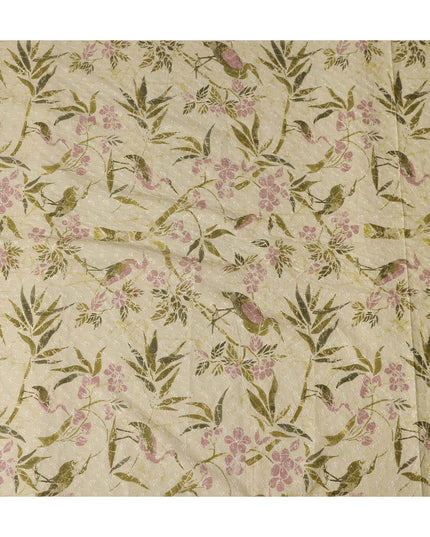 Beige Botanical Floral Embroidered Cotton Voile 110cm