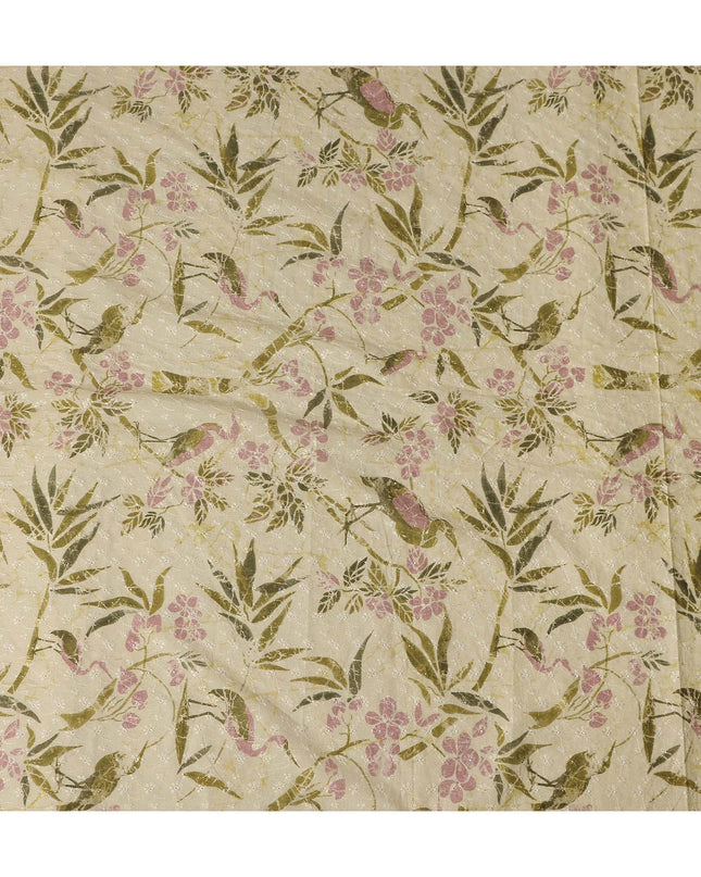 Beige Botanical Floral Embroidered Cotton Voile 110cm