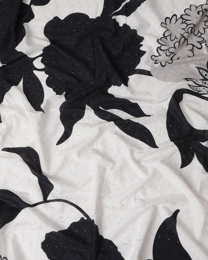 White Bold Black Floral Embroidered Voile 110cm