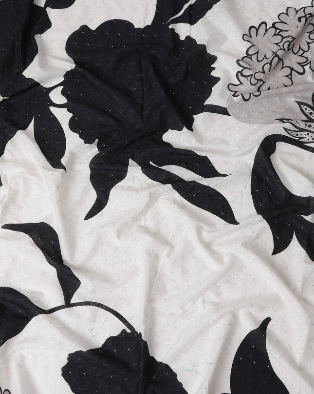 White Bold Black Floral Embroidered Voile 110cm