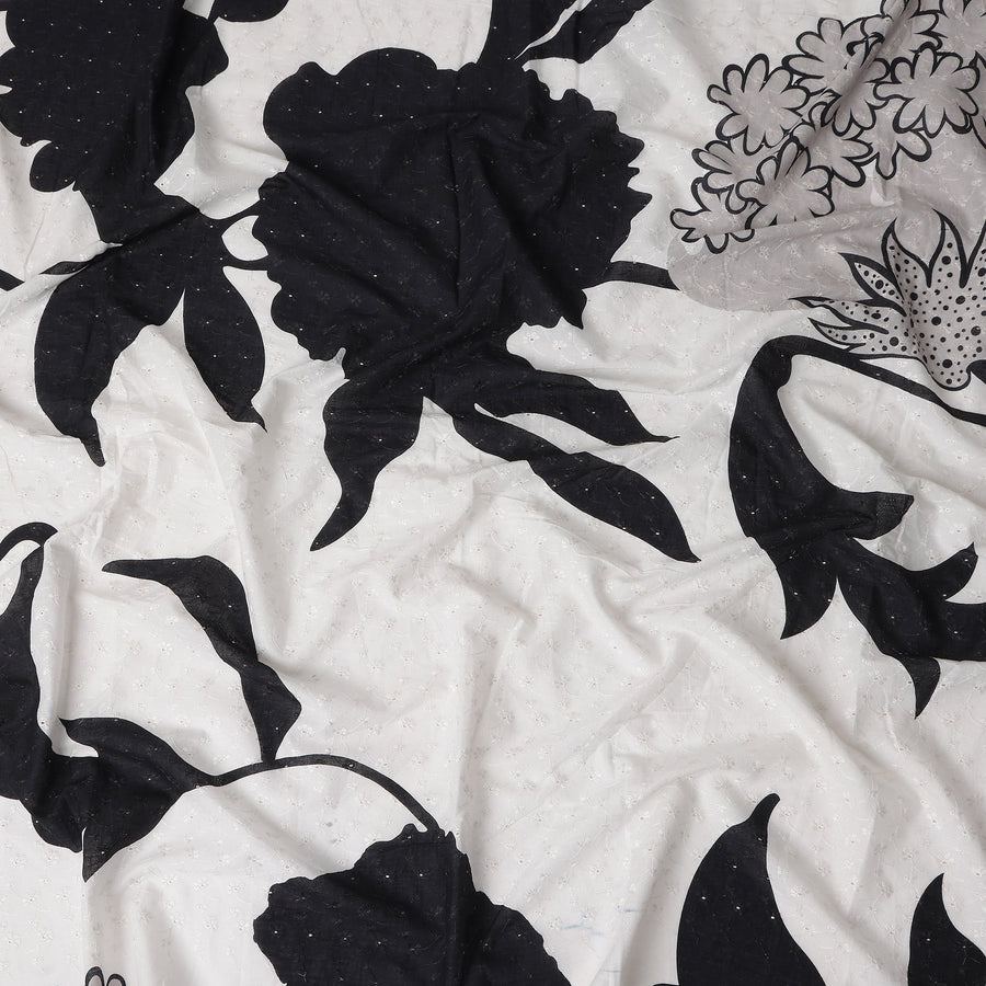 White Bold Black Floral Embroidered Voile 110cm