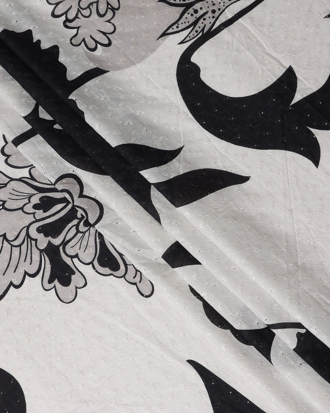 White Bold Black Floral Embroidered Voile 110cm