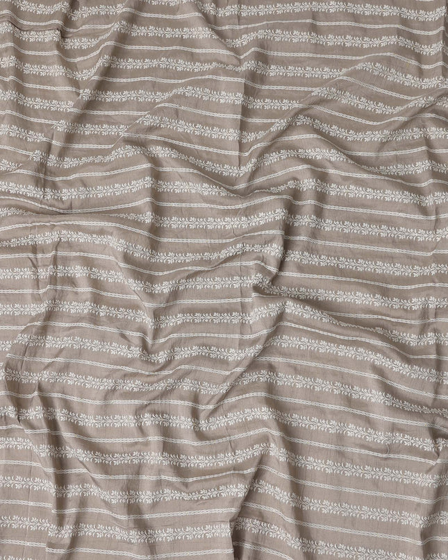 Taupe Beige Stripe Embroidered Cotton Voile 110cm