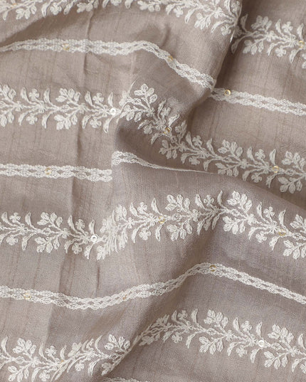 Taupe Beige Stripe Embroidered Cotton Voile 110cm