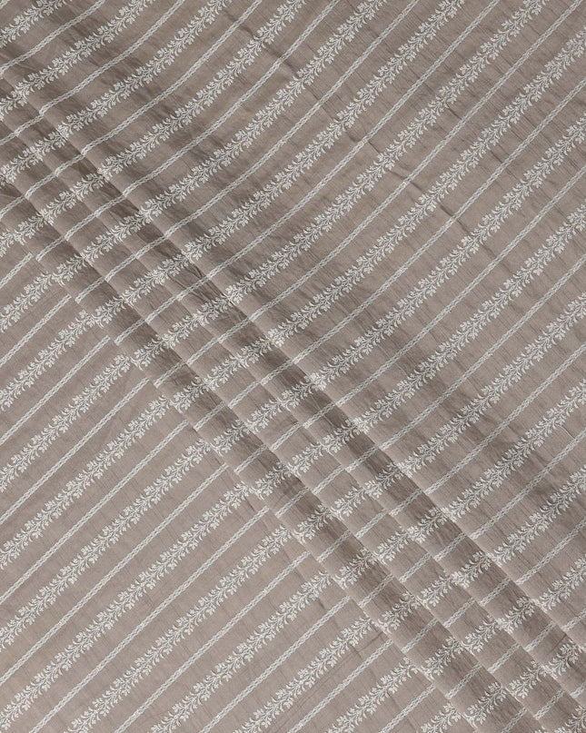 Taupe Beige Stripe Embroidered Cotton Voile 110cm