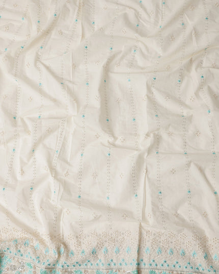 White Turquoise Stripe Floral Border Voile 140cm