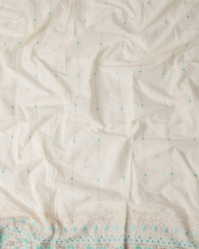 White Turquoise Stripe Floral Border Voile 140cm