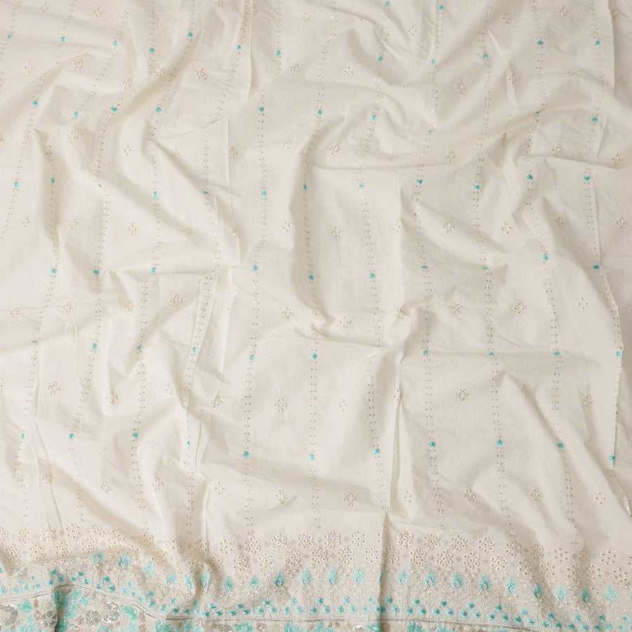 White Turquoise Stripe Floral Border Voile 140cm