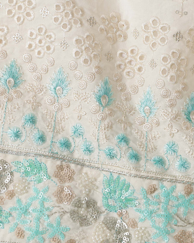 White Turquoise Stripe Floral Border Voile 140cm
